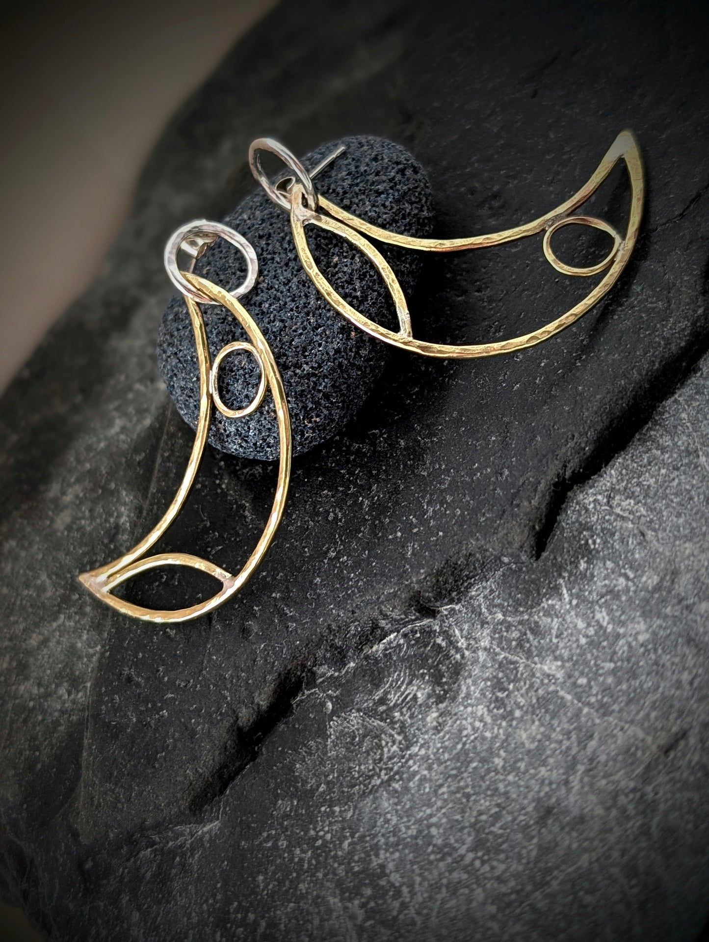 Sterling Silver & Brass Crescent Moon Hoop Earrings