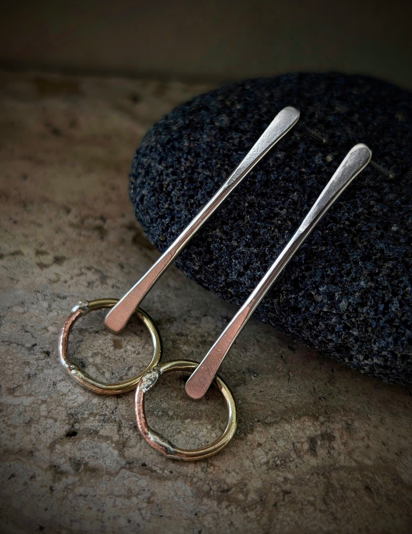 Suspended Circles Mixed-Metal Earrings with Sterling Silver, Salvaged Brass & Washed-up Copper