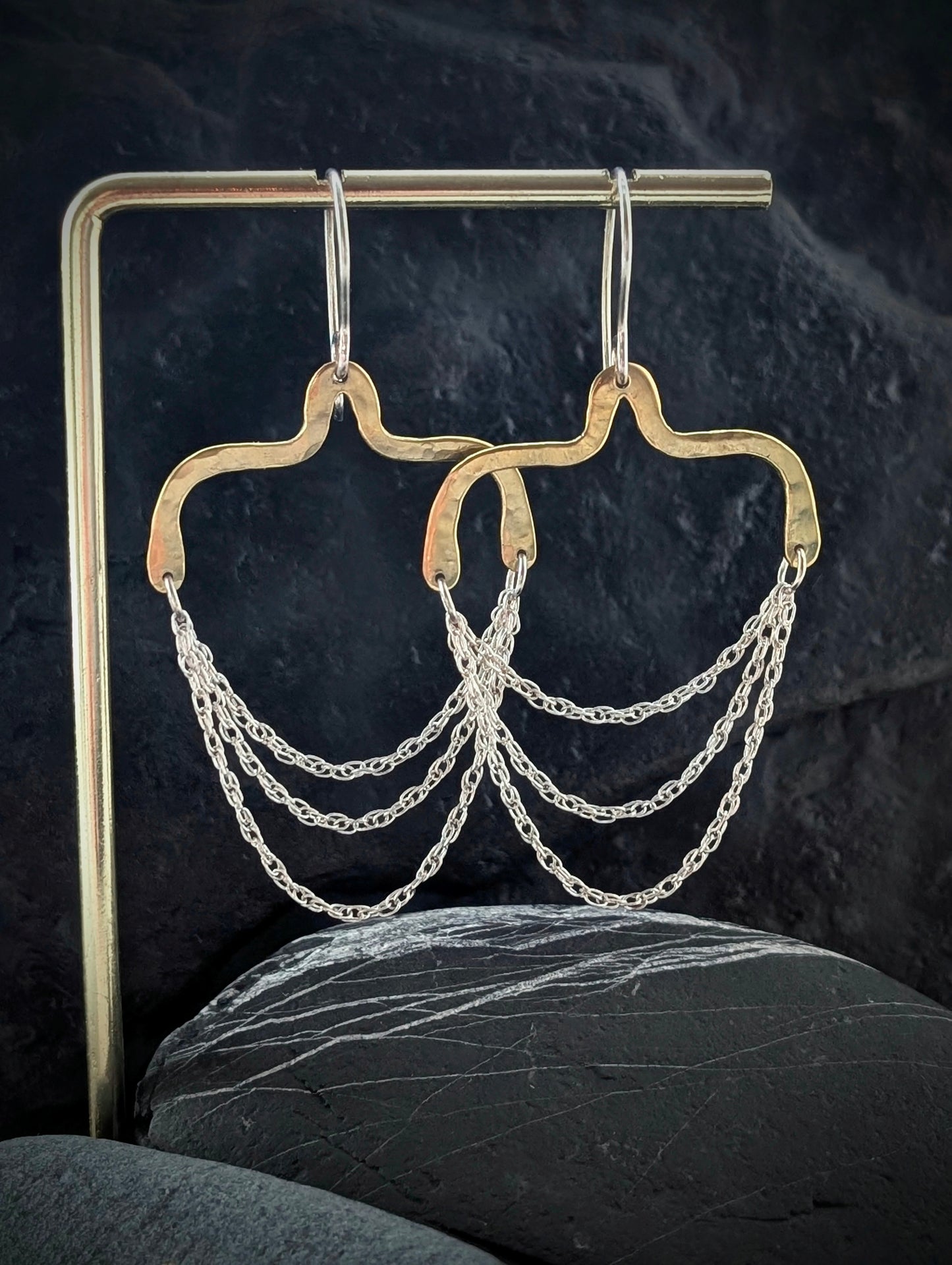 Hammered Brass & Sterling Silver Chandelier Earrings