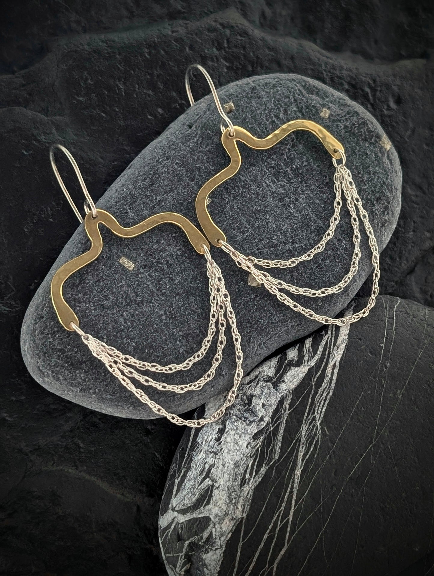 Hammered Brass & Sterling Silver Chandelier Earrings