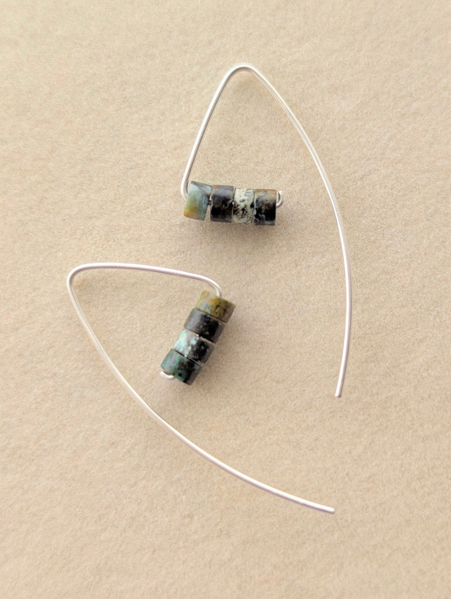 Silver Threader Triangle Earrings with Mossy Stone Beads