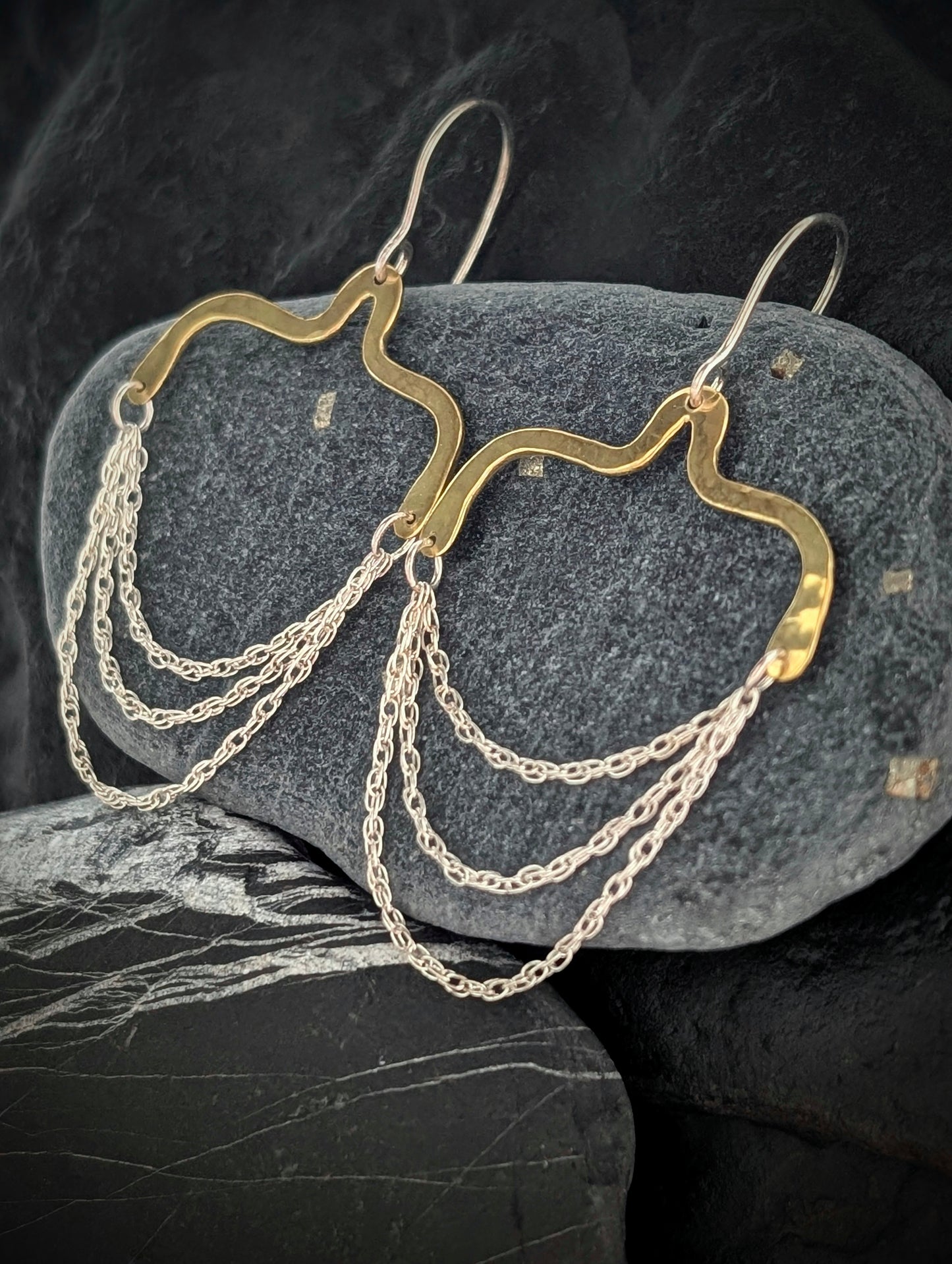 Hammered Brass & Sterling Silver Chandelier Earrings