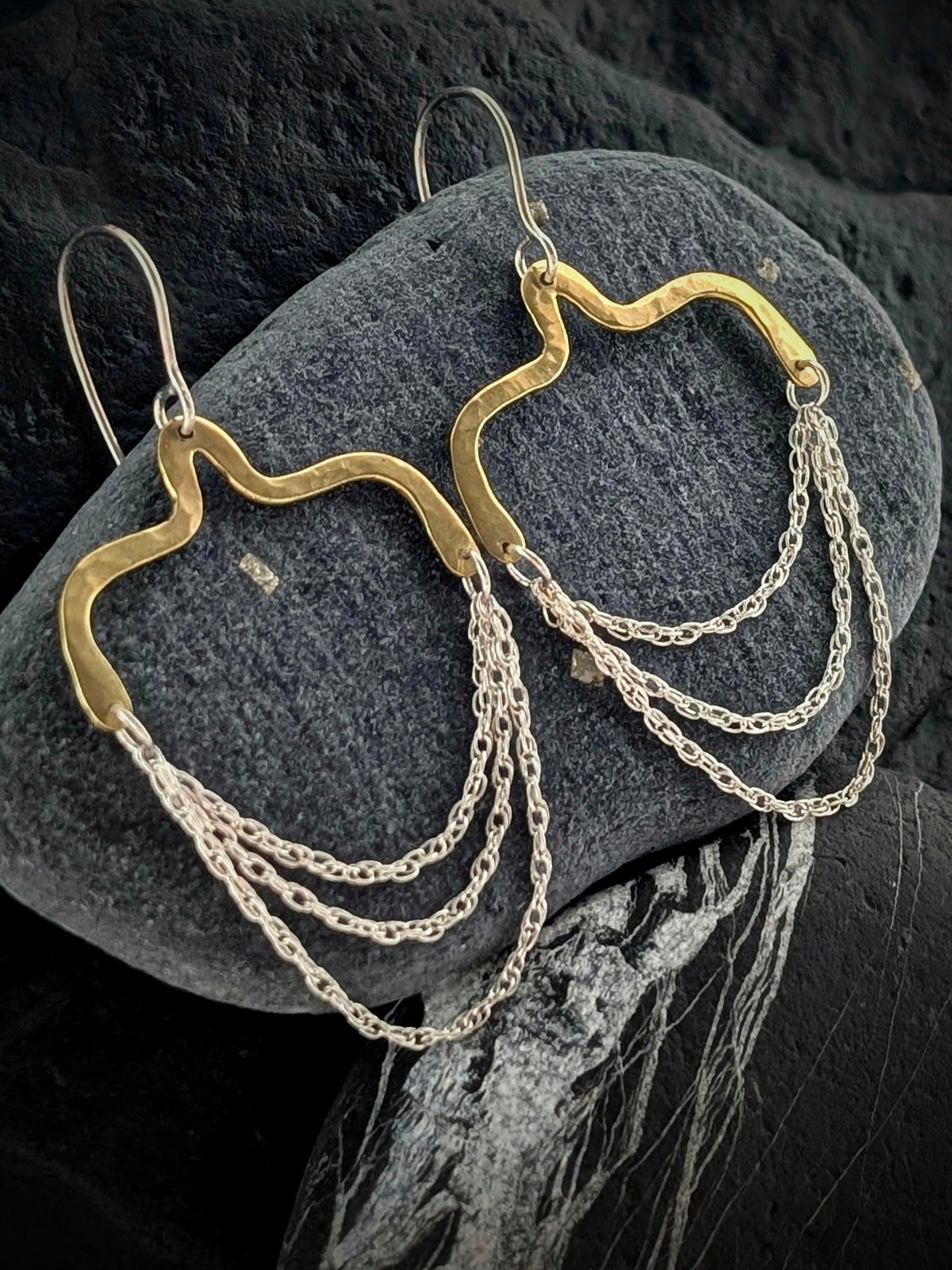 Hammered Brass & Sterling Silver Chandelier Earrings