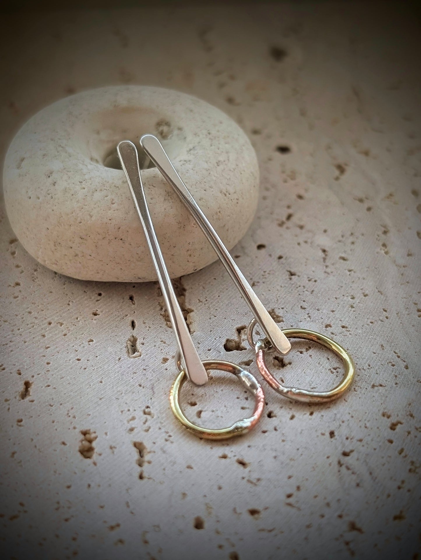 Suspended Circles Mixed-Metal Earrings with Sterling Silver, Salvaged Brass & Washed-up Copper