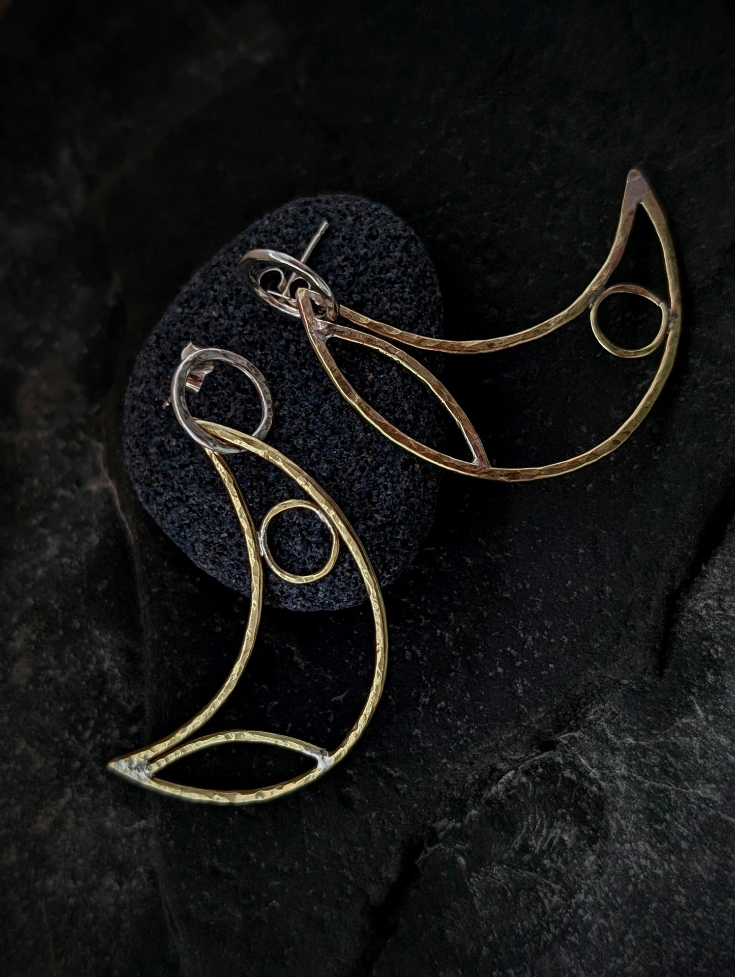 Sterling Silver & Brass Crescent Moon Hoop Earrings