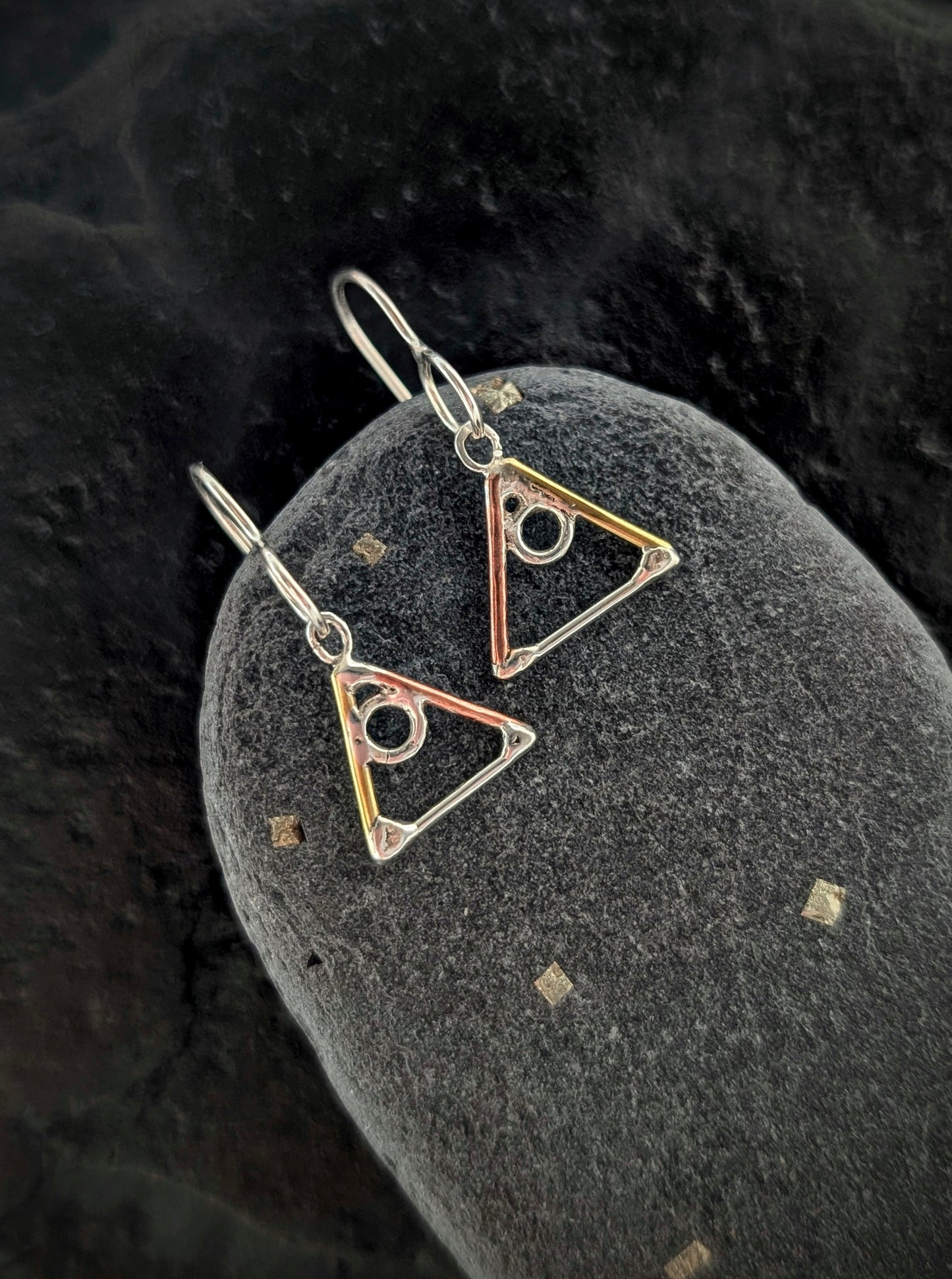 Elemental Triangle Earrings with Sterling Silver, Salvaged Brass & Washed-up Copper