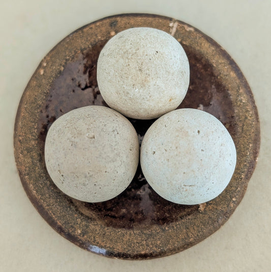 3 Washed-up Clay Marbles in Washed-up Ceramic Dish