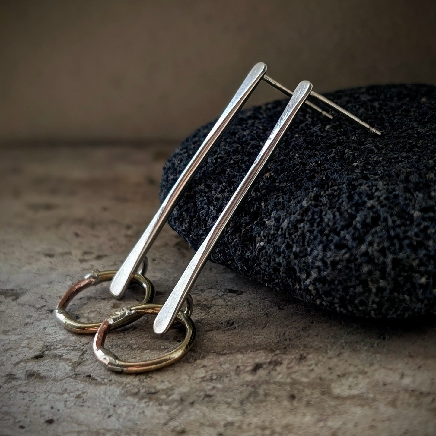 Suspended Circles Mixed-Metal Earrings with Sterling Silver, Salvaged Brass & Washed-up Copper