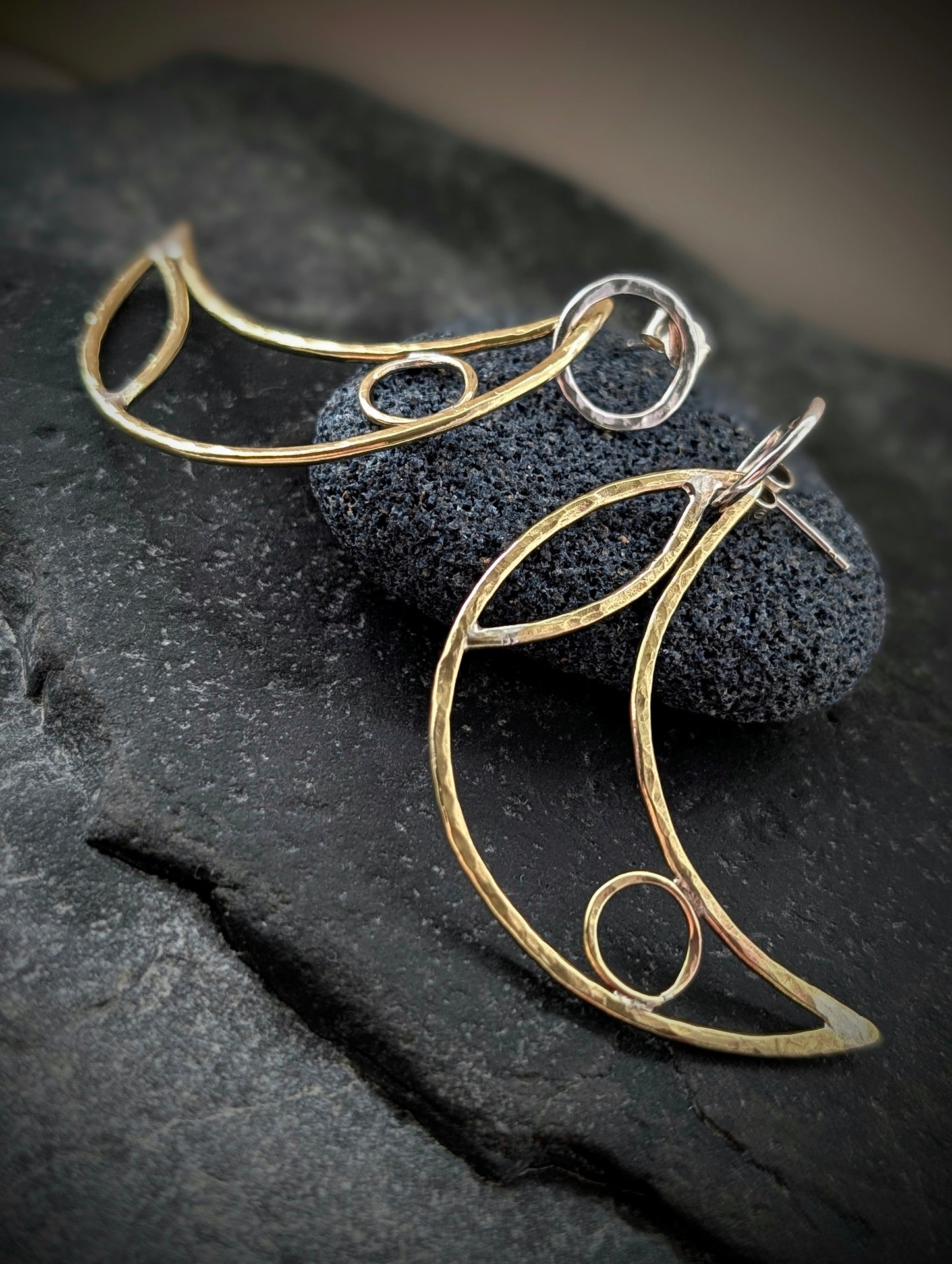 Sterling Silver & Brass Crescent Moon Hoop Earrings