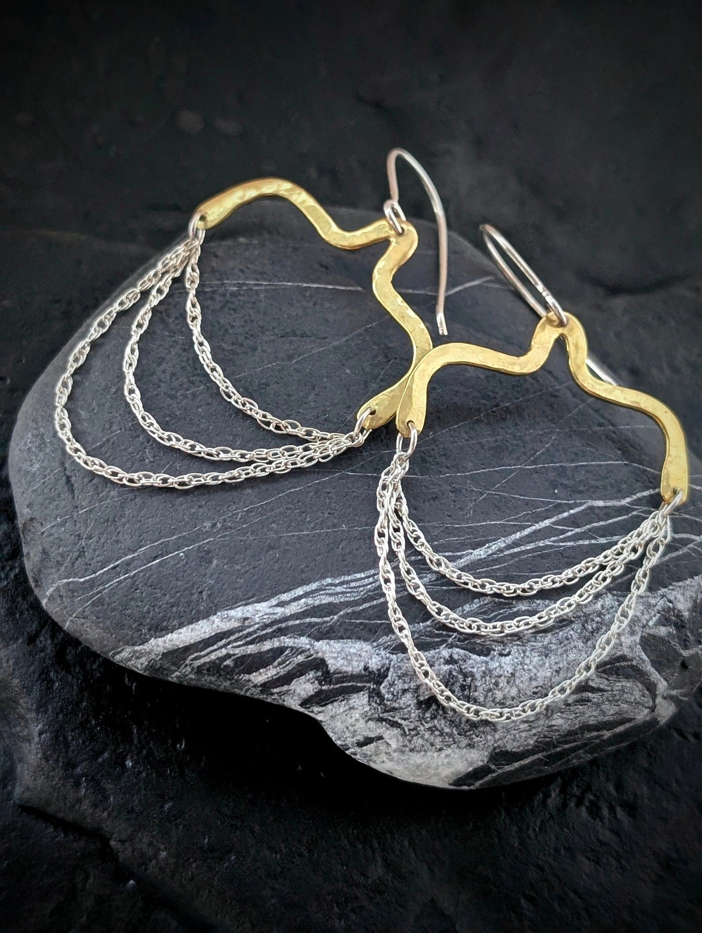 Hammered Brass & Sterling Silver Chandelier Earrings