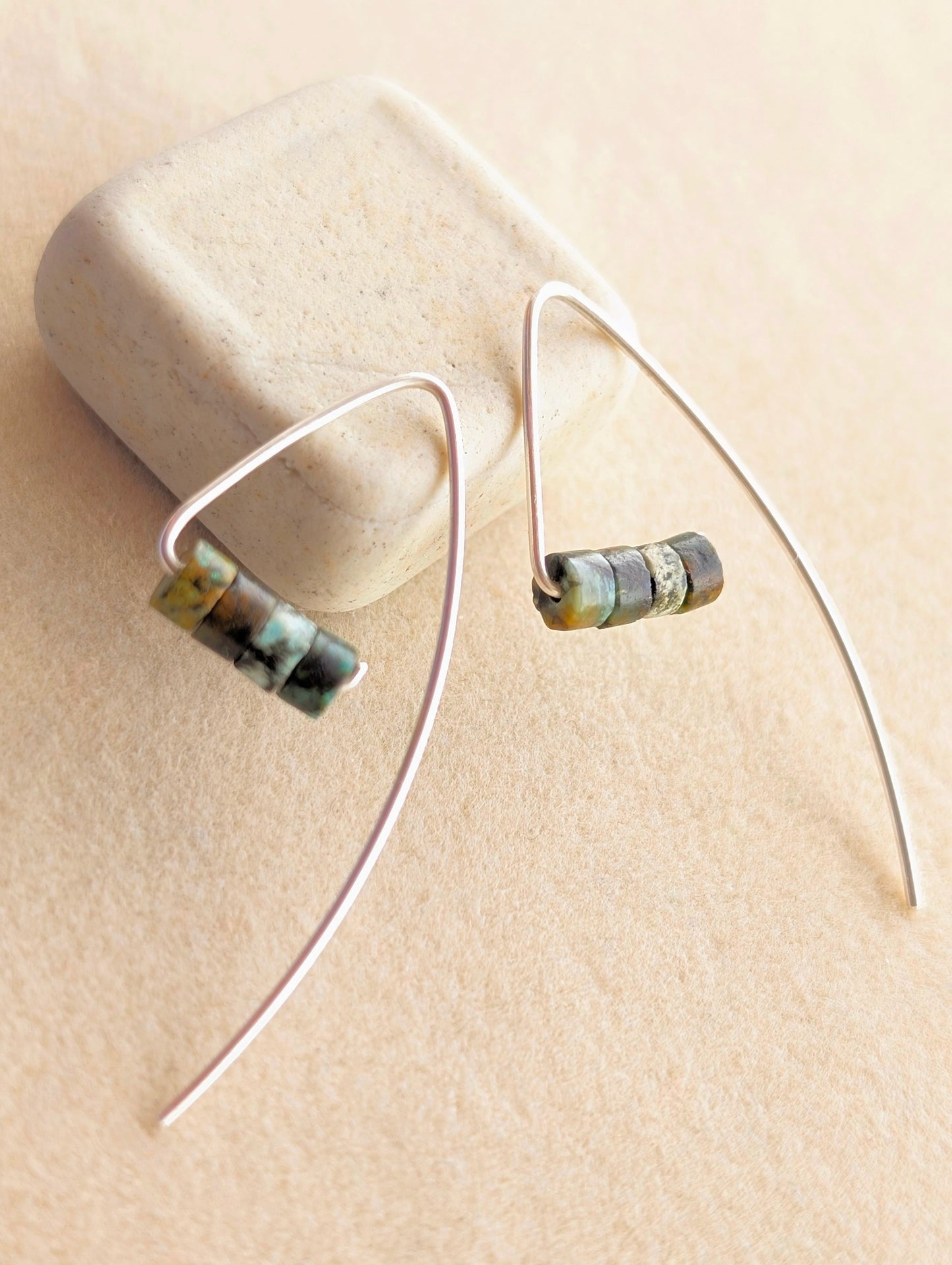 Silver Threader Triangle Earrings with Mossy Stone Beads