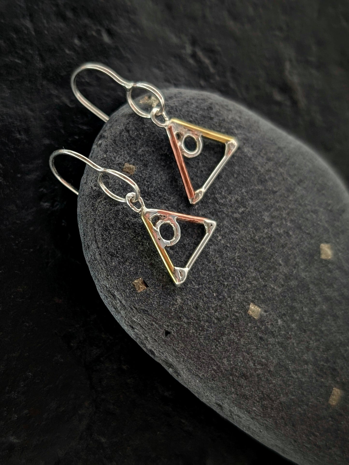Elemental Triangle Earrings with Sterling Silver, Salvaged Brass & Washed-up Copper