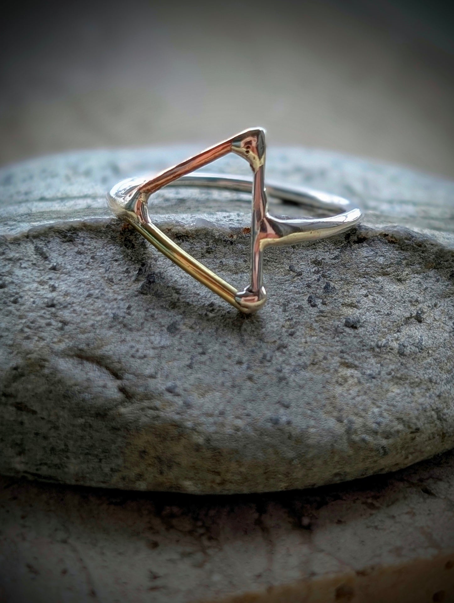 Minimalist Elemental Triangle with Sterling Silver, Salvaged Brass & Washed-up Copper