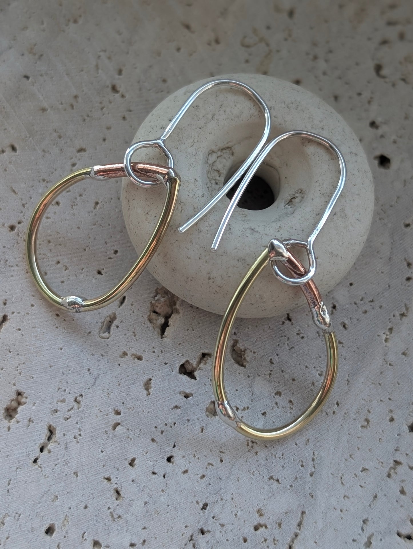 Teardrop Mixed-Metal Earrings with Sterling Silver, Salvaged Brass & Washed-up Copper